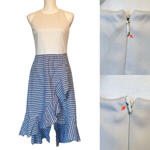 Vince Camuto Ruffle Midi Off-White and Blue Striped Women's Dress size 6